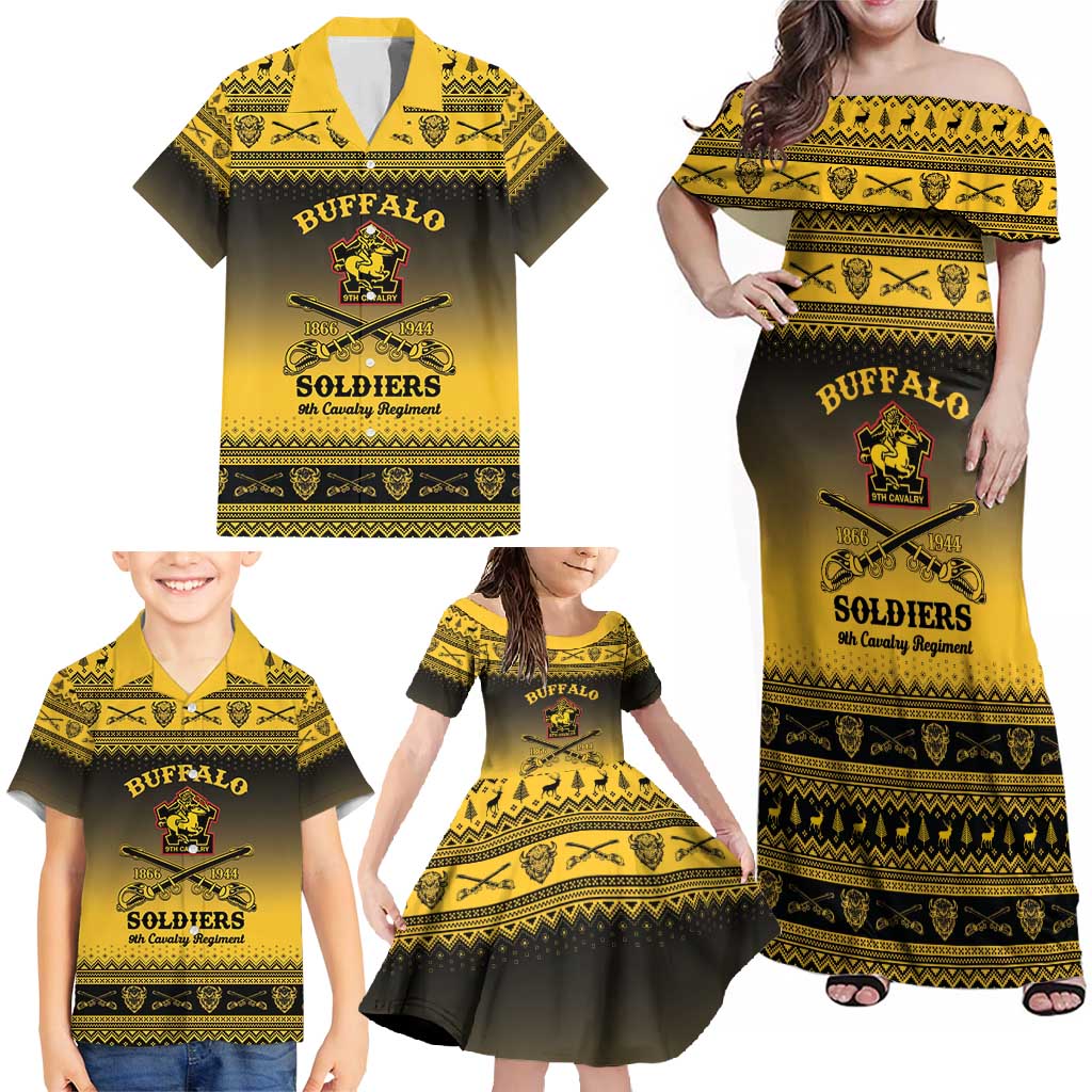 Buffalo Soldiers Christmas Family Matching Off Shoulder Maxi Dress and Hawaiian Shirt 9th Cavalry Regiment - Wonder Print Shop