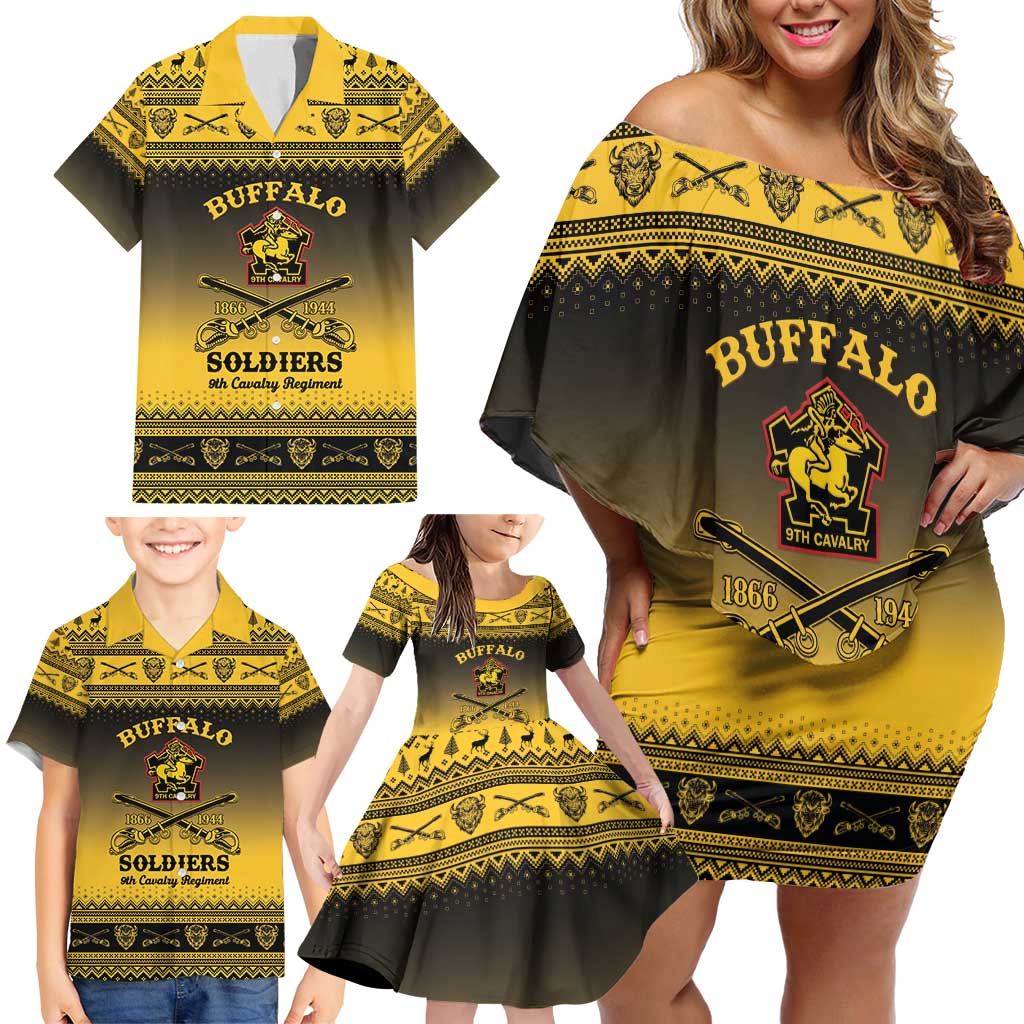 Buffalo Soldiers Christmas Family Matching Off Shoulder Short Dress and Hawaiian Shirt 9th Cavalry Regiment - Wonder Print Shop