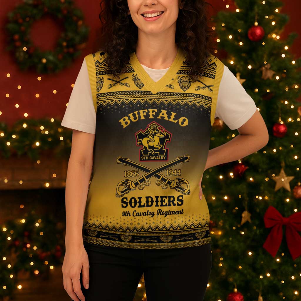 Buffalo Soldiers Christmas Knitted V-Neck Vest 9th Cavalry Regiment - Wonder Print Shop