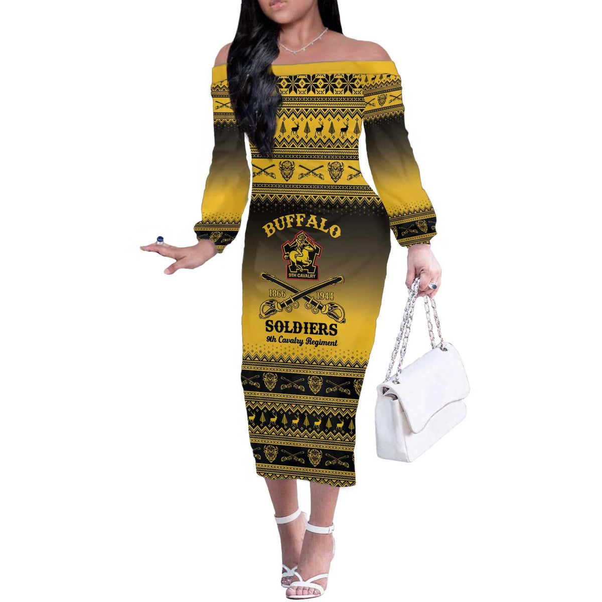 Buffalo Soldiers Christmas Off The Shoulder Long Sleeve Dress 9th Cavalry Regiment - Wonder Print Shop
