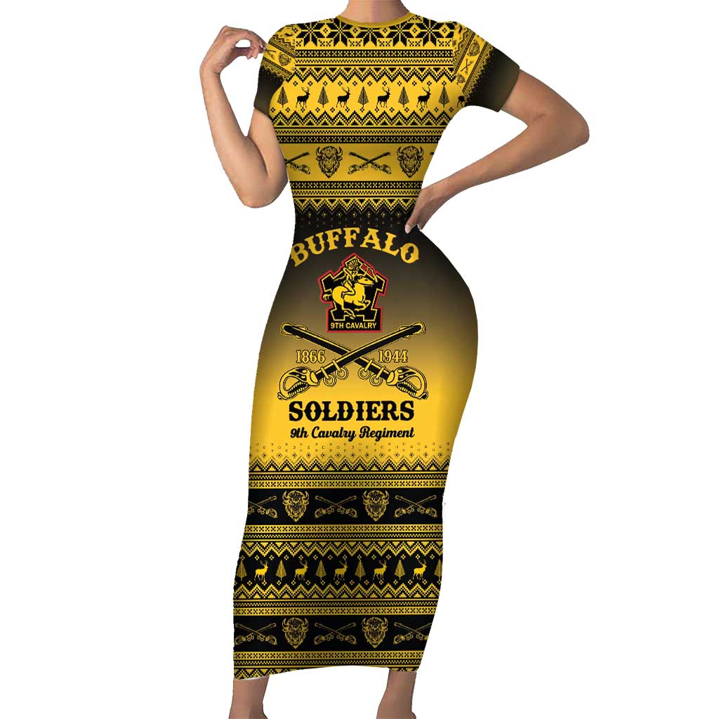 Buffalo Soldiers Christmas Short Sleeve Bodycon Dress 9th Cavalry Regiment - Wonder Print Shop