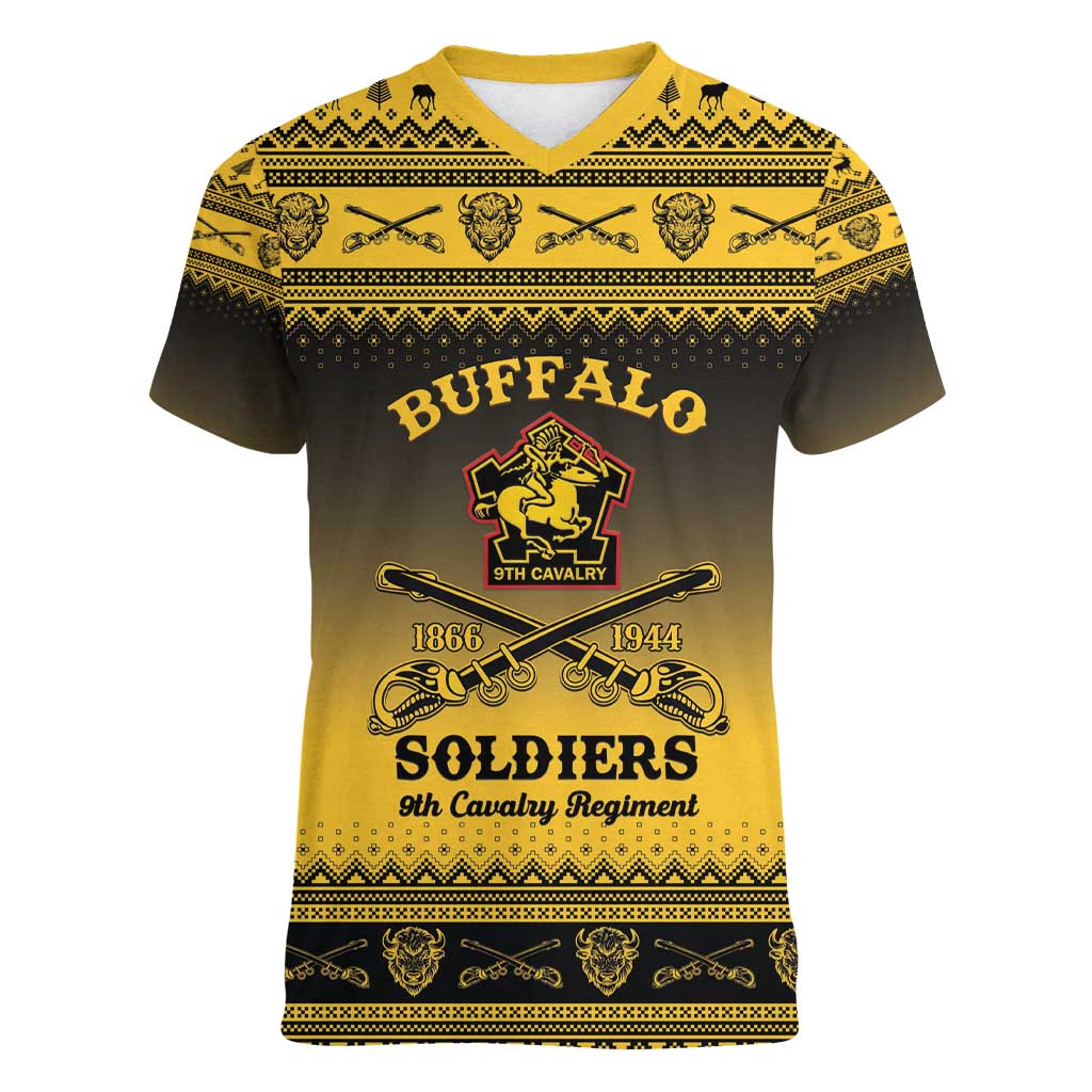 Buffalo Soldiers Christmas Women V-Neck T-Shirt 9th Cavalry Regiment - Wonder Print Shop