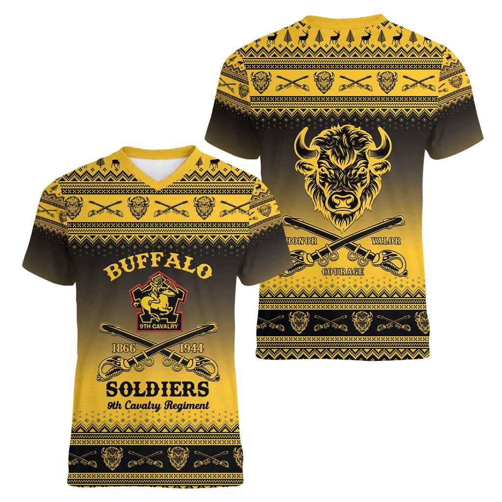 Buffalo Soldiers Christmas Women V-Neck T-Shirt 9th Cavalry Regiment - Wonder Print Shop