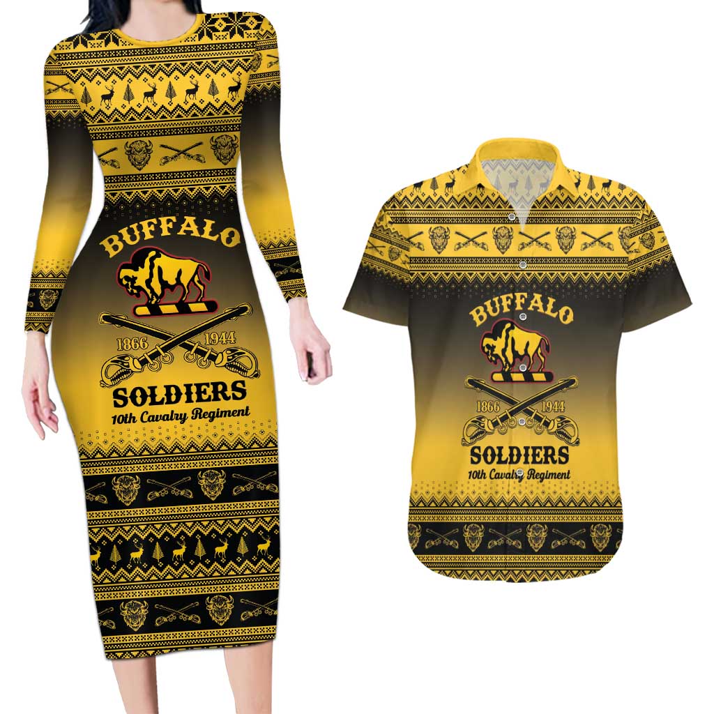 Buffalo Soldiers Christmas Couples Matching Long Sleeve Bodycon Dress and Hawaiian Shirt 10th Cavalry Regiment - Wonder Print Shop