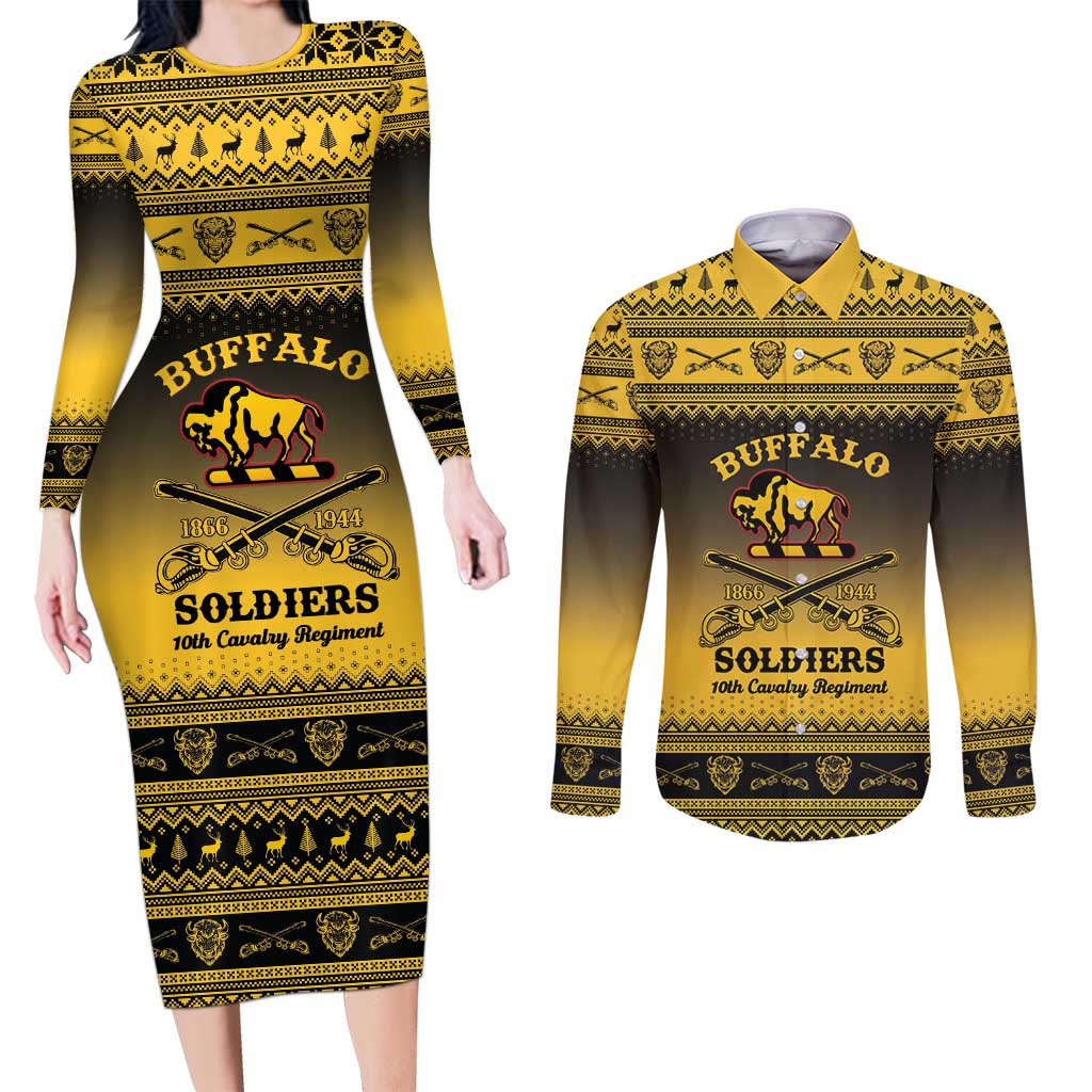 Buffalo Soldiers Christmas Couples Matching Long Sleeve Bodycon Dress and Long Sleeve Button Shirt 10th Cavalry Regiment - Wonder Print Shop