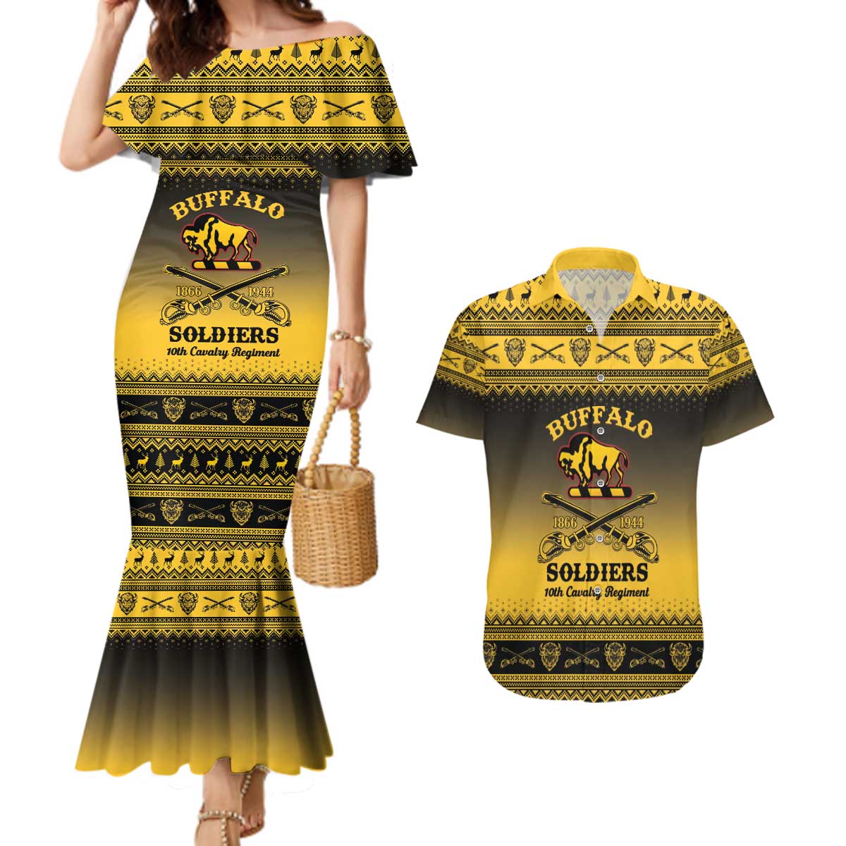 Buffalo Soldiers Christmas Couples Matching Mermaid Dress and Hawaiian Shirt 10th Cavalry Regiment - Wonder Print Shop