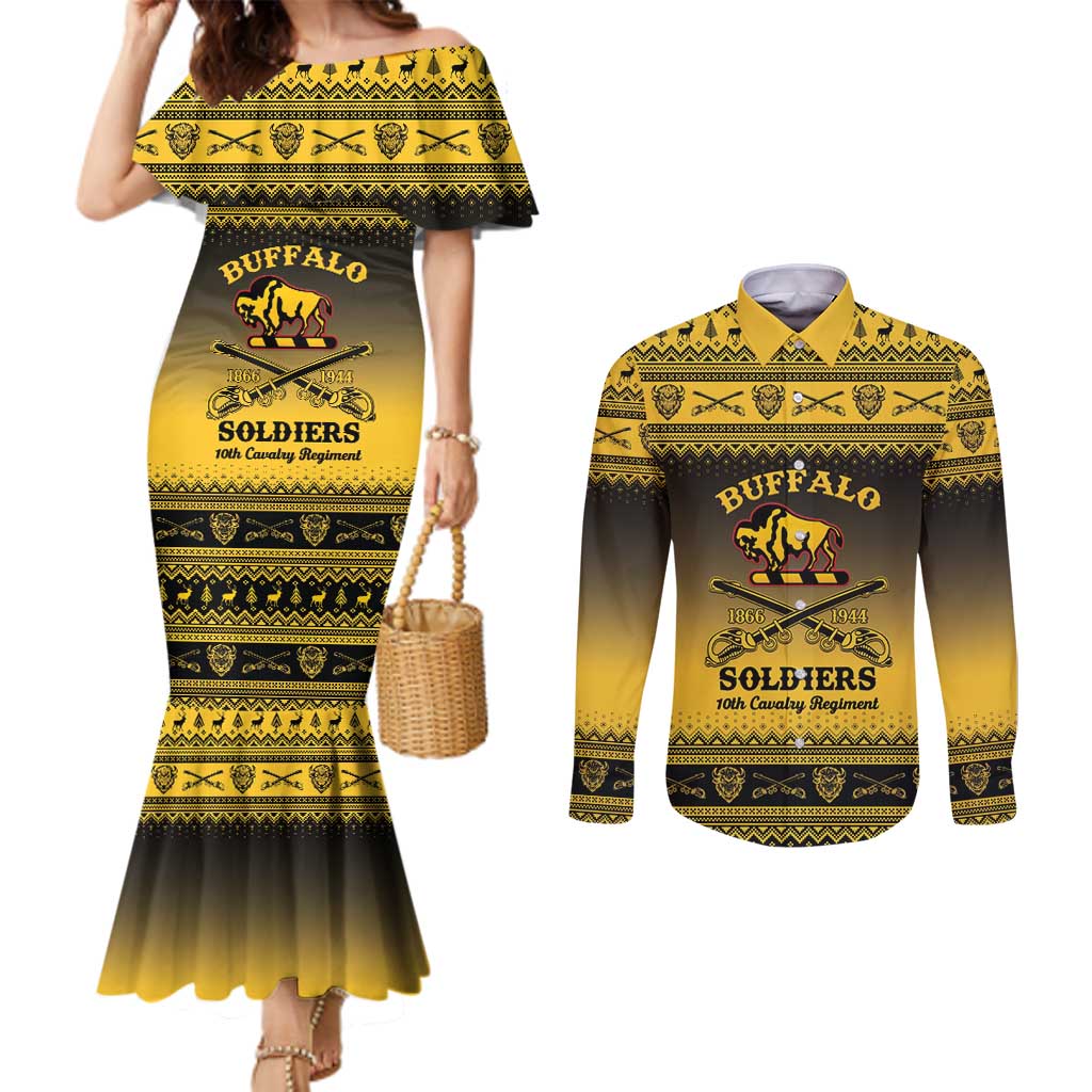 Buffalo Soldiers Christmas Couples Matching Mermaid Dress and Long Sleeve Button Shirt 10th Cavalry Regiment - Wonder Print Shop