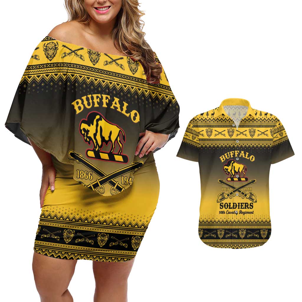 Buffalo Soldiers Christmas Couples Matching Off Shoulder Short Dress and Hawaiian Shirt 10th Cavalry Regiment - Wonder Print Shop