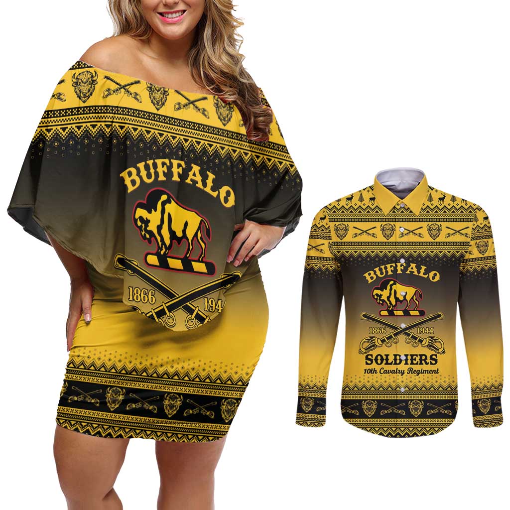 Buffalo Soldiers Christmas Couples Matching Off Shoulder Short Dress and Long Sleeve Button Shirt 10th Cavalry Regiment - Wonder Print Shop