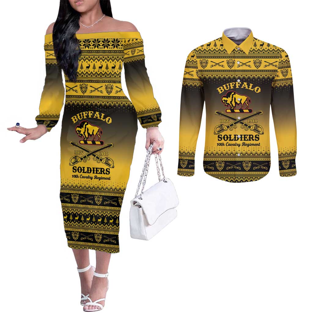 Buffalo Soldiers Christmas Couples Matching Off The Shoulder Long Sleeve Dress and Long Sleeve Button Shirt 10th Cavalry Regiment - Wonder Print Shop