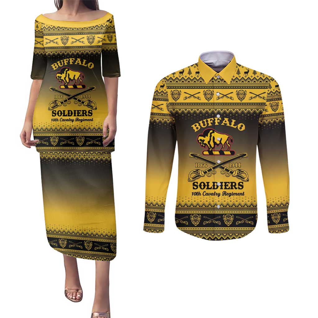 Buffalo Soldiers Christmas Couples Matching Puletasi and Long Sleeve Button Shirt 10th Cavalry Regiment - Wonder Print Shop