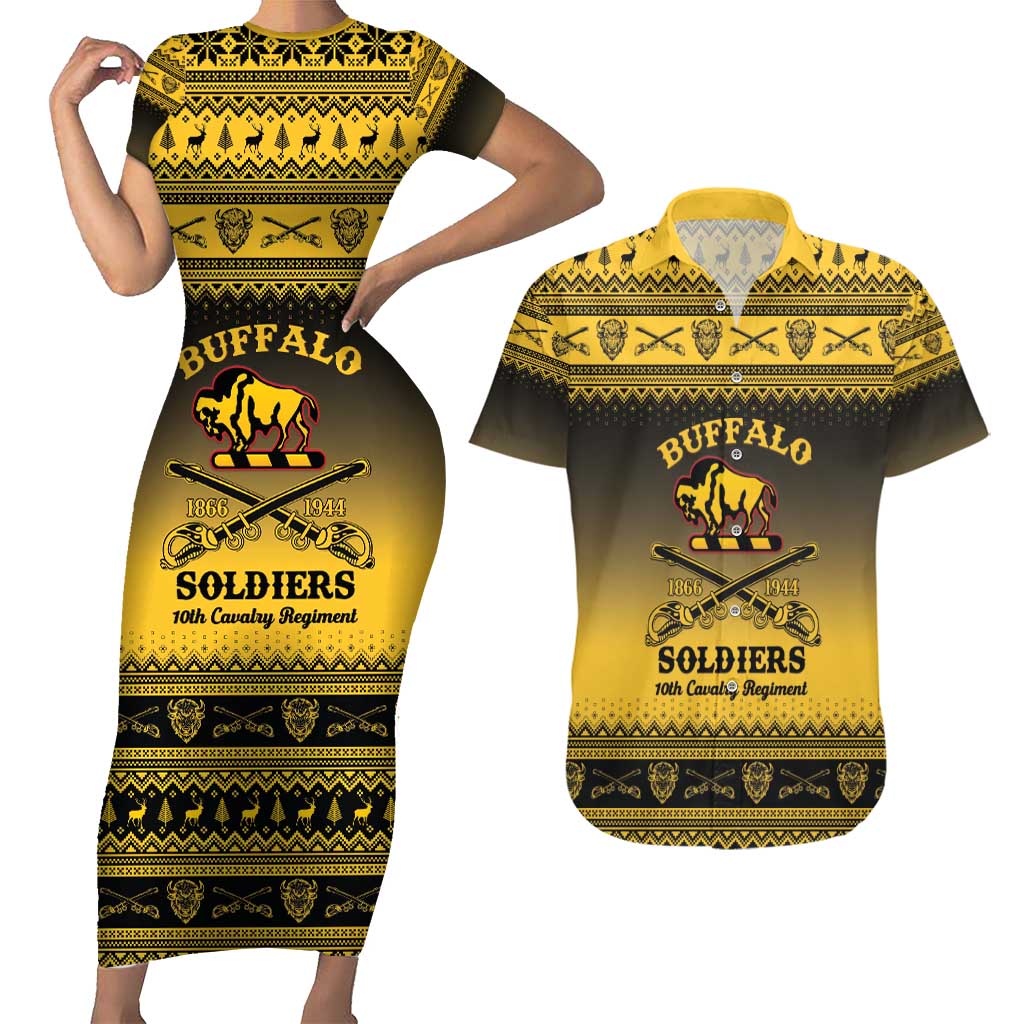 Buffalo Soldiers Christmas Couples Matching Short Sleeve Bodycon Dress and Hawaiian Shirt 10th Cavalry Regiment - Wonder Print Shop