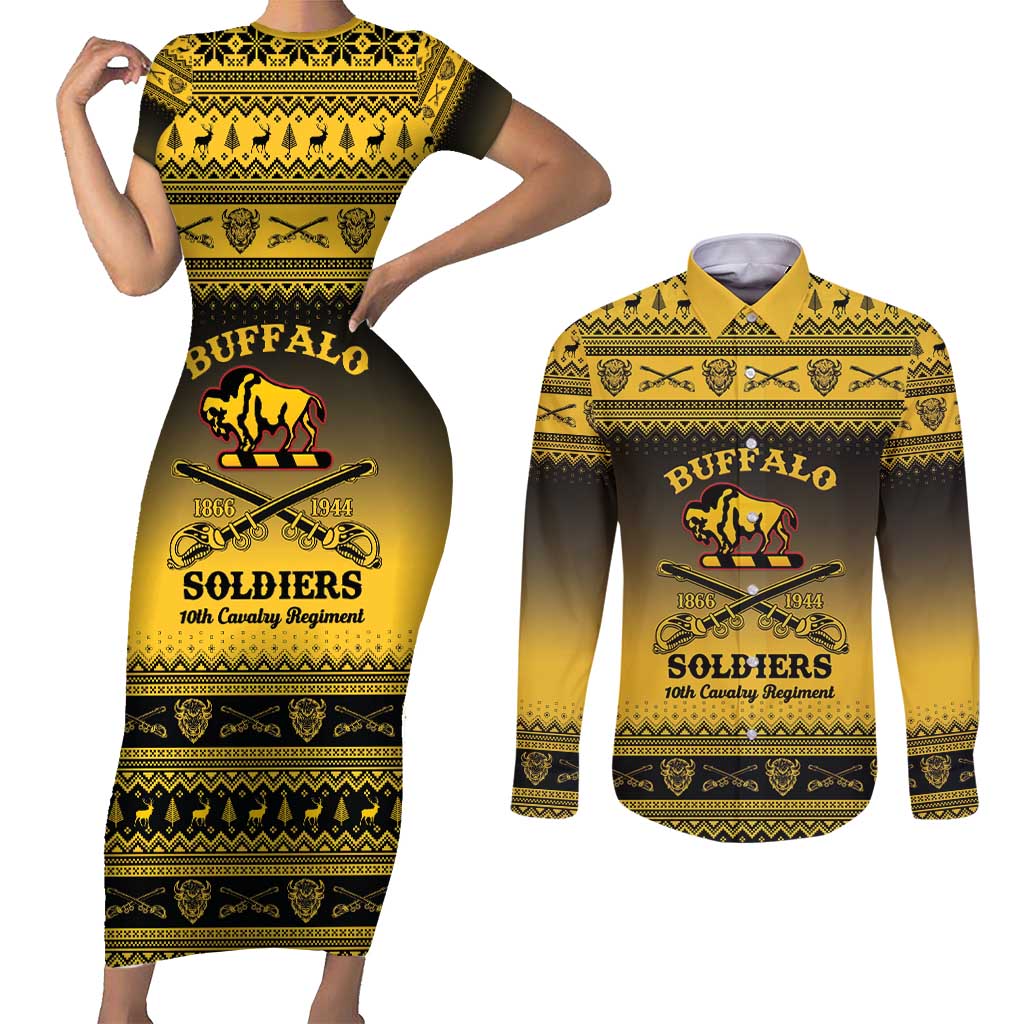 Buffalo Soldiers Christmas Couples Matching Short Sleeve Bodycon Dress and Long Sleeve Button Shirt 10th Cavalry Regiment - Wonder Print Shop