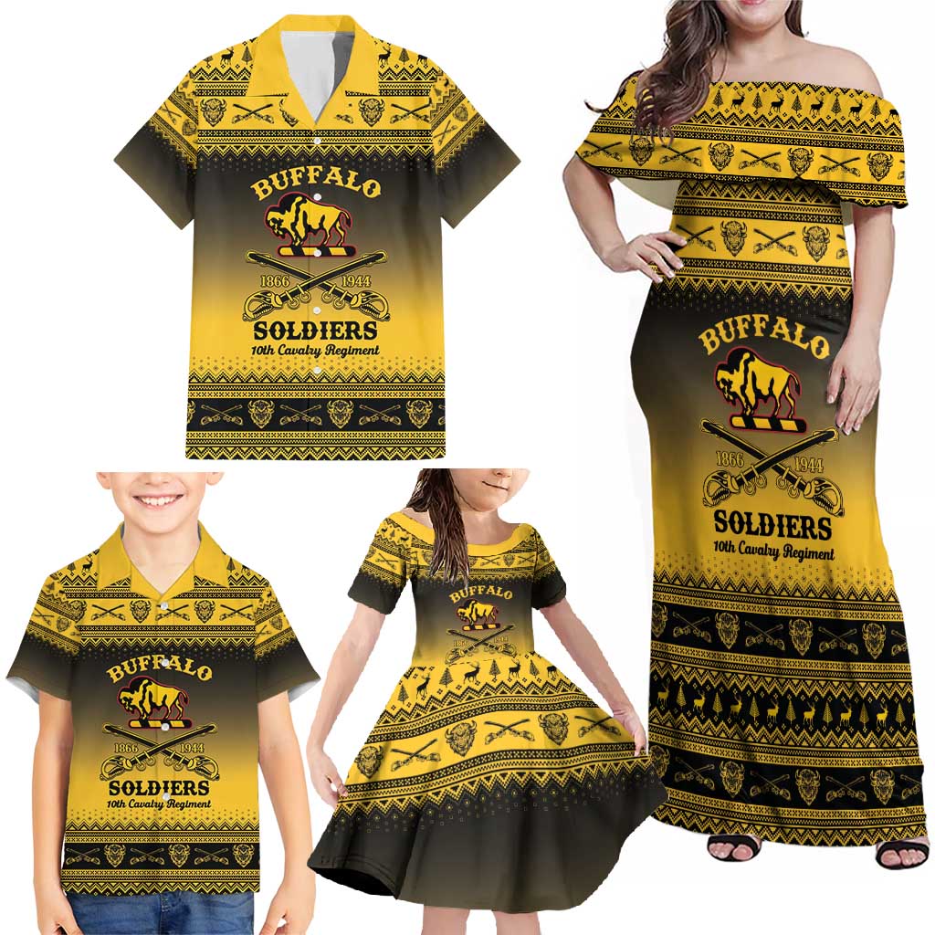 Buffalo Soldiers Christmas Family Matching Off Shoulder Maxi Dress and Hawaiian Shirt 10th Cavalry Regiment - Wonder Print Shop