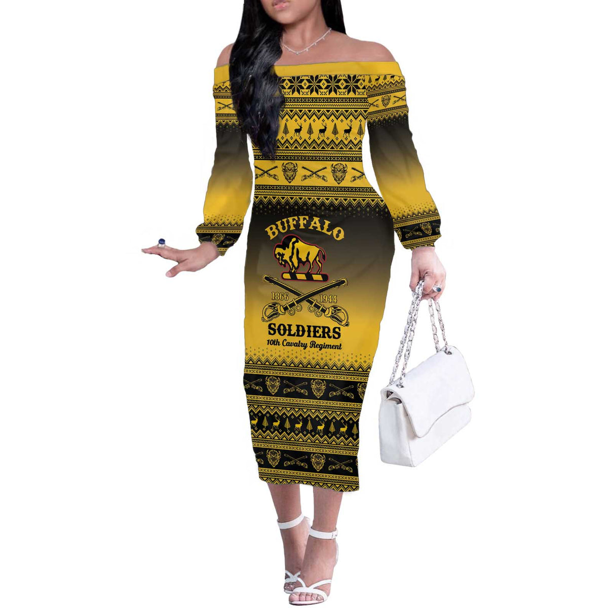 Buffalo Soldiers Christmas Off The Shoulder Long Sleeve Dress 10th Cavalry Regiment - Wonder Print Shop