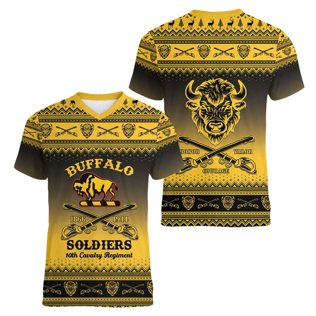 Buffalo Soldiers Christmas Women V-Neck T-Shirt 10th Cavalry Regiment - Wonder Print Shop