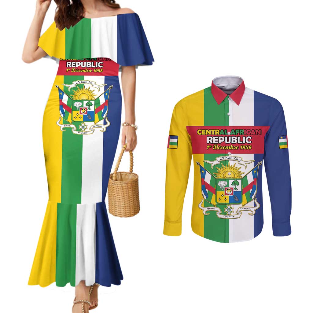Personalized Central African Republic Couples Matching Mermaid Dress and Long Sleeve Button Shirt Happy Republic Day - Wonder Print Shop