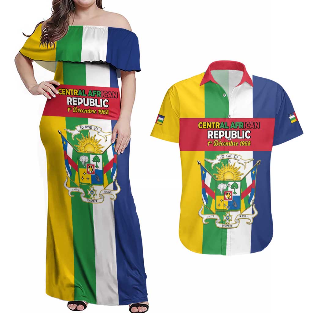 Personalized Central African Republic Couples Matching Off Shoulder Maxi Dress and Hawaiian Shirt Happy Republic Day - Wonder Print Shop