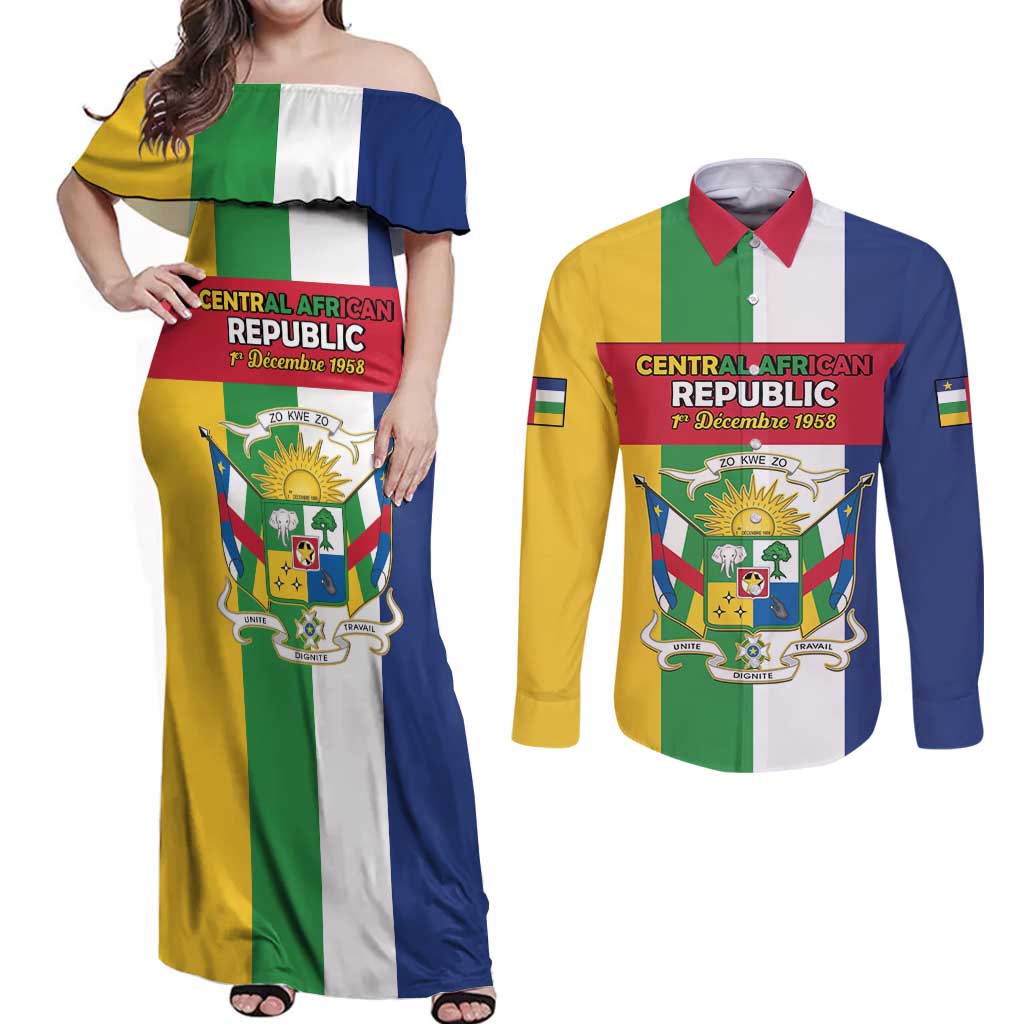 Personalized Central African Republic Couples Matching Off Shoulder Maxi Dress and Long Sleeve Button Shirt Happy Republic Day - Wonder Print Shop