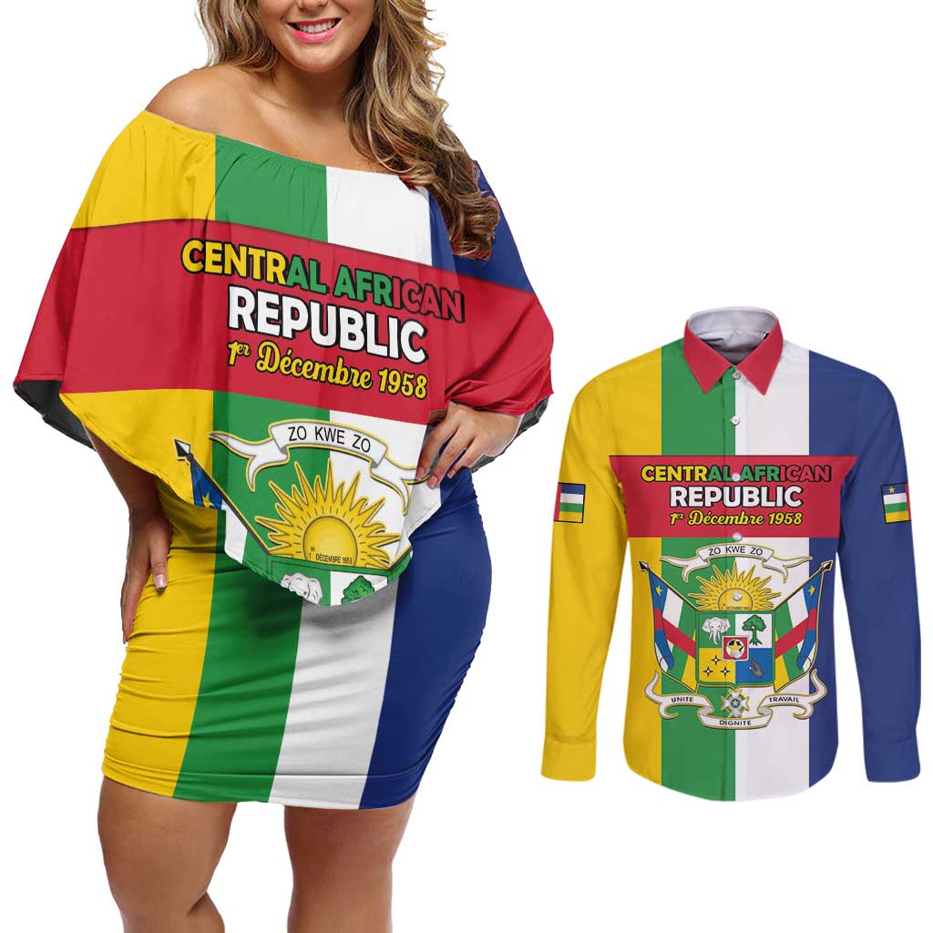 Personalized Central African Republic Couples Matching Off Shoulder Short Dress and Long Sleeve Button Shirt Happy Republic Day - Wonder Print Shop
