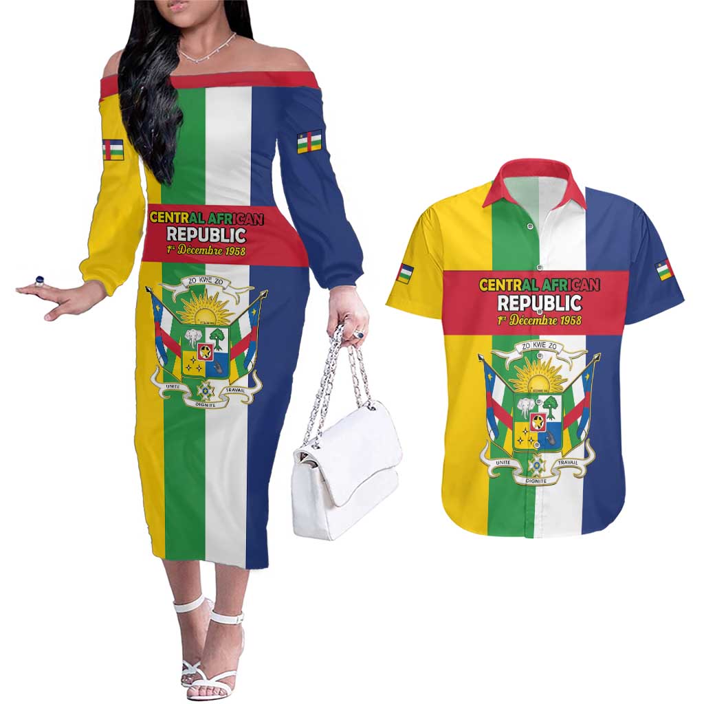 Personalized Central African Republic Couples Matching Off The Shoulder Long Sleeve Dress and Hawaiian Shirt Happy Republic Day - Wonder Print Shop