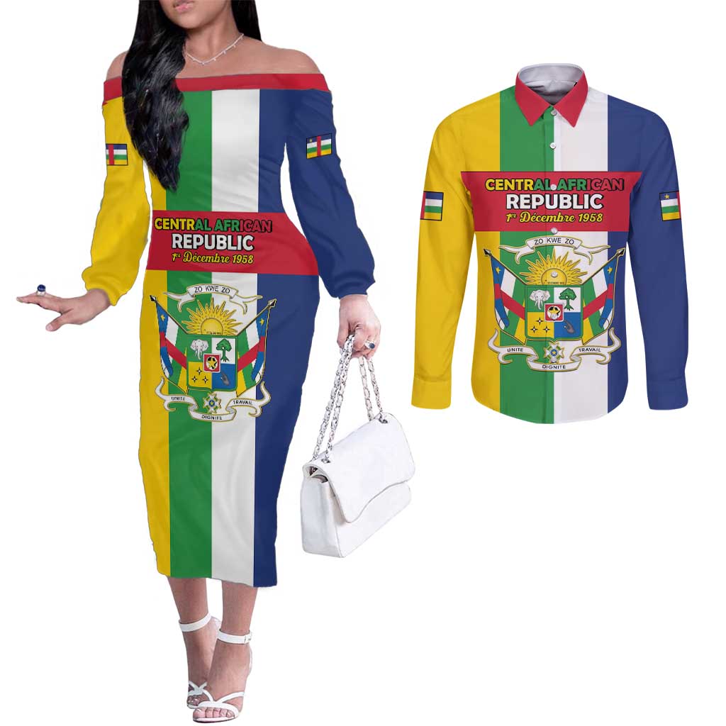 Personalized Central African Republic Couples Matching Off The Shoulder Long Sleeve Dress and Long Sleeve Button Shirt Happy Republic Day - Wonder Print Shop