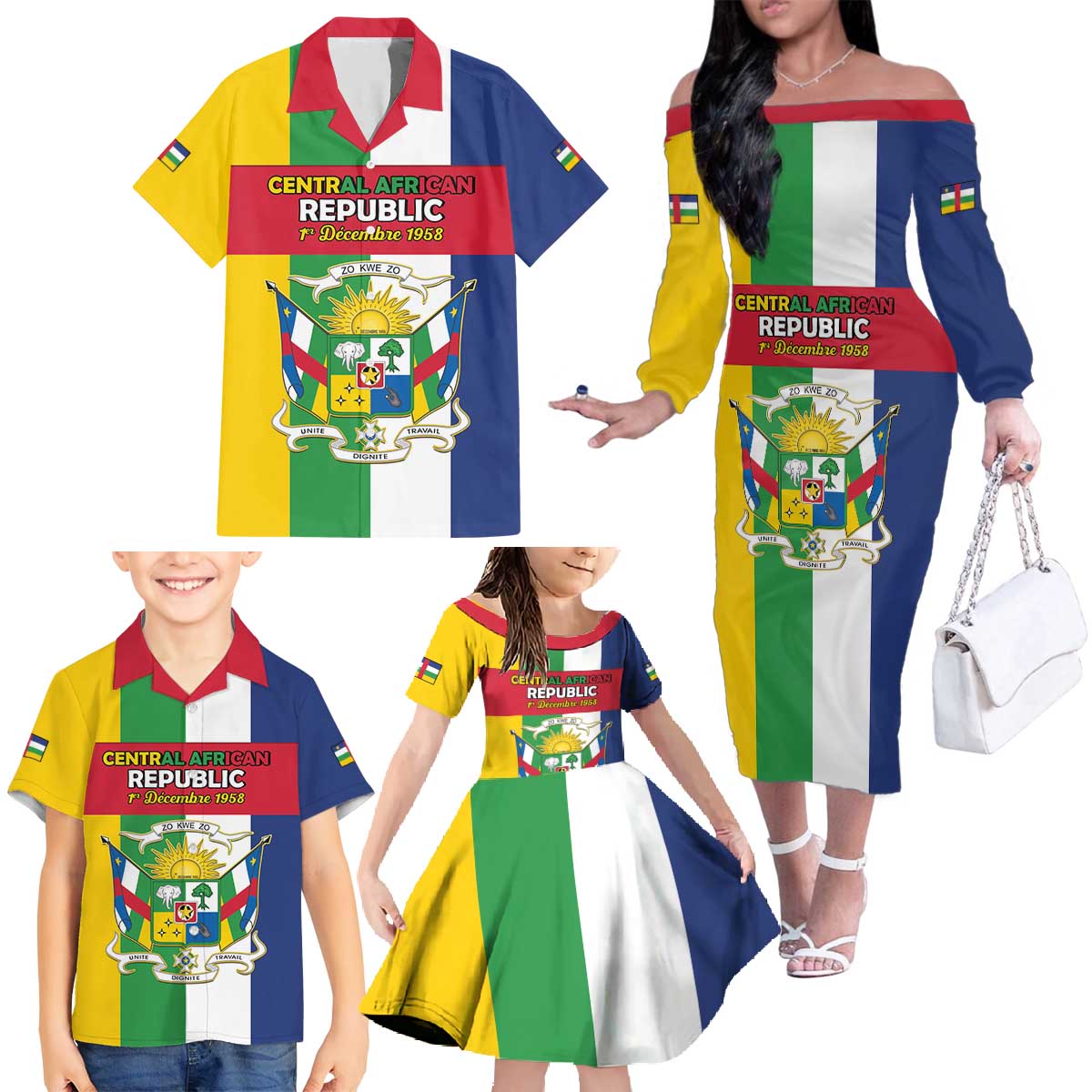 Personalized Central African Republic Family Matching Off The Shoulder Long Sleeve Dress and Hawaiian Shirt Happy Republic Day - Wonder Print Shop