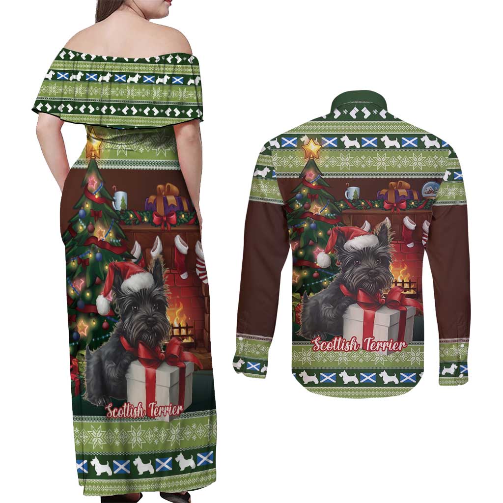 Scotland Christmas Couples Matching Off Shoulder Maxi Dress and Long Sleeve Button Shirt Scottish Terrier - Nollaig Chridheil - Wonder Print Shop