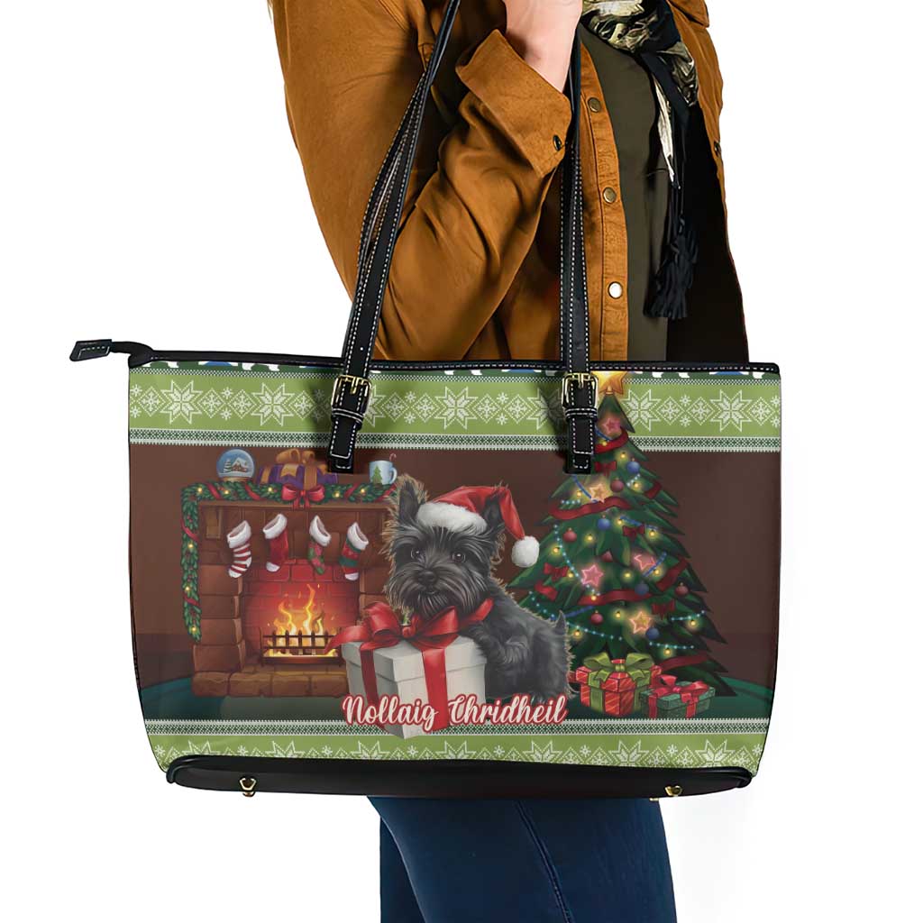 Scotland Christmas Leather Tote Bag Scottish Terrier - Nollaig Chridheil - Wonder Print Shop