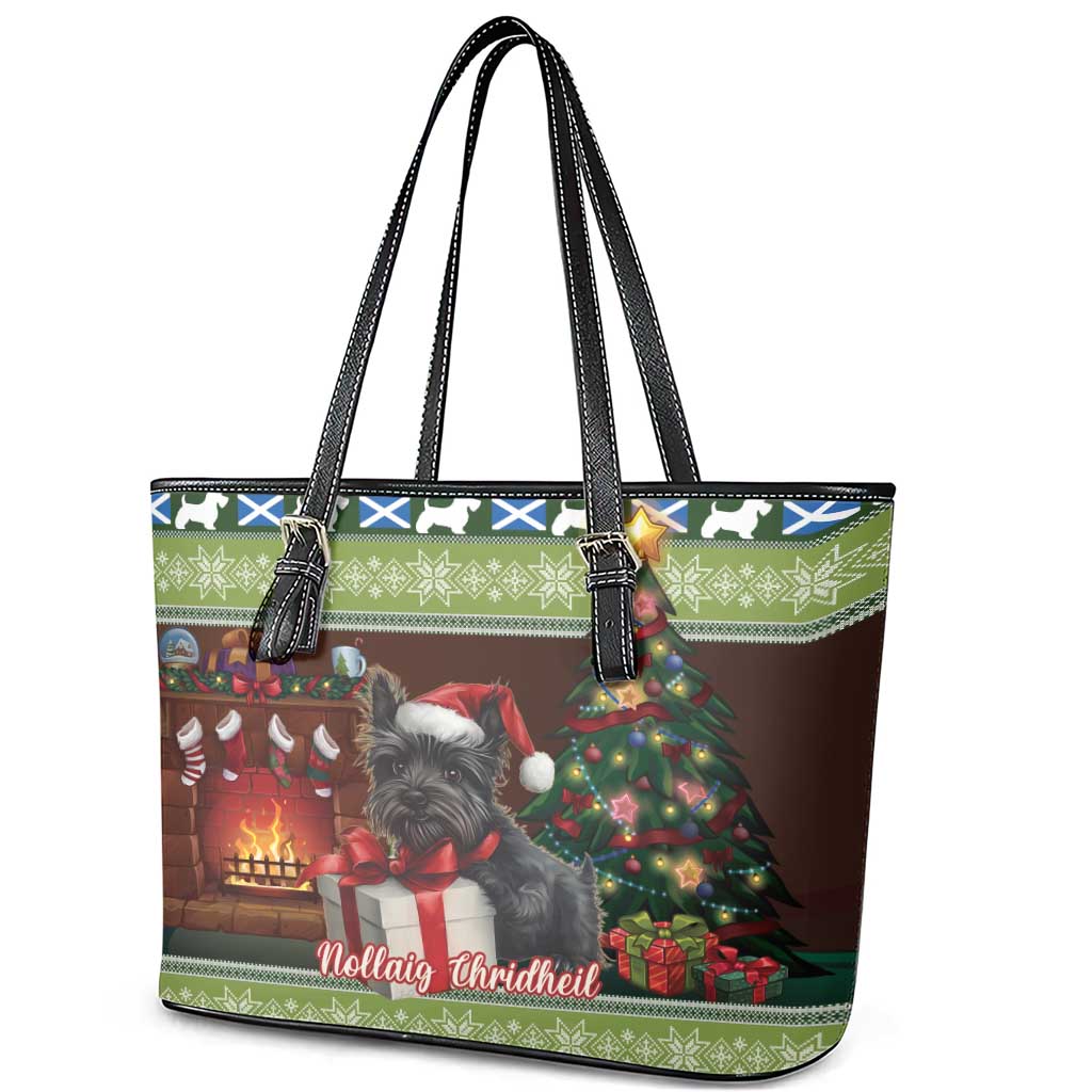 Scotland Christmas Leather Tote Bag Scottish Terrier - Nollaig Chridheil - Wonder Print Shop