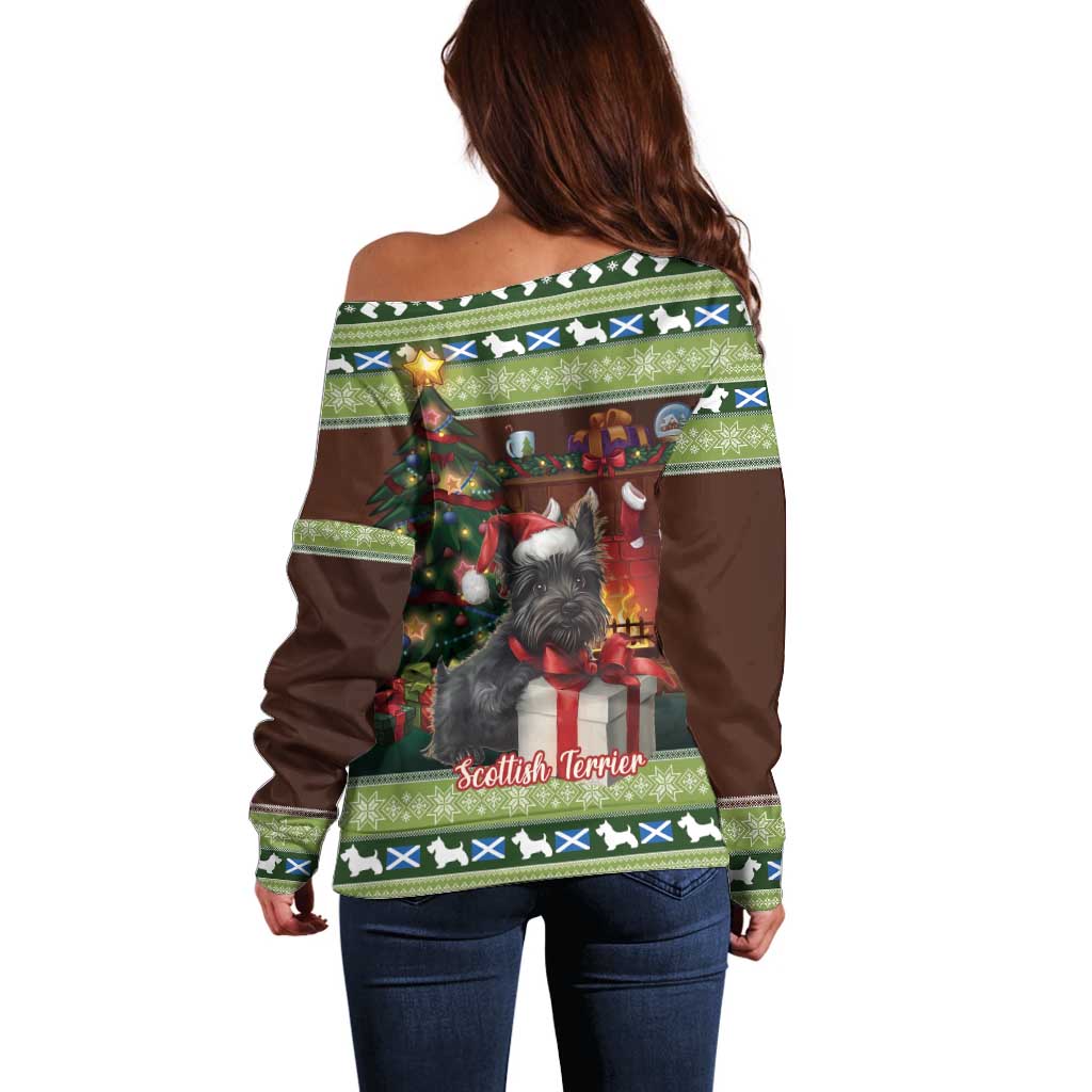 Scotland Christmas Off Shoulder Sweater Scottish Terrier - Nollaig Chridheil - Wonder Print Shop