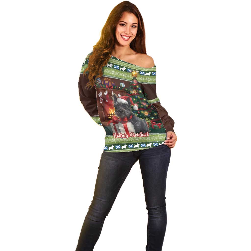 Scotland Christmas Off Shoulder Sweater Scottish Terrier - Nollaig Chridheil - Wonder Print Shop