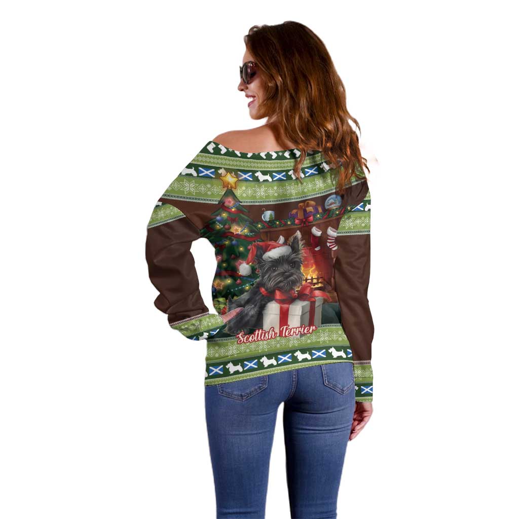 Scotland Christmas Off Shoulder Sweater Scottish Terrier - Nollaig Chridheil - Wonder Print Shop