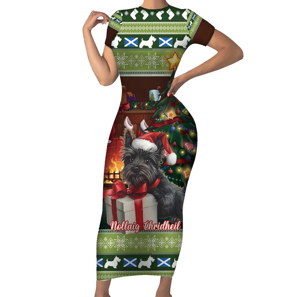 Scotland Christmas Short Sleeve Bodycon Dress Scottish Terrier - Nollaig Chridheil - Wonder Print Shop