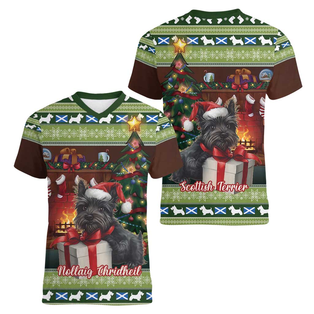 Scotland Christmas Women V-Neck T-Shirt Scottish Terrier - Nollaig Chridheil - Wonder Print Shop