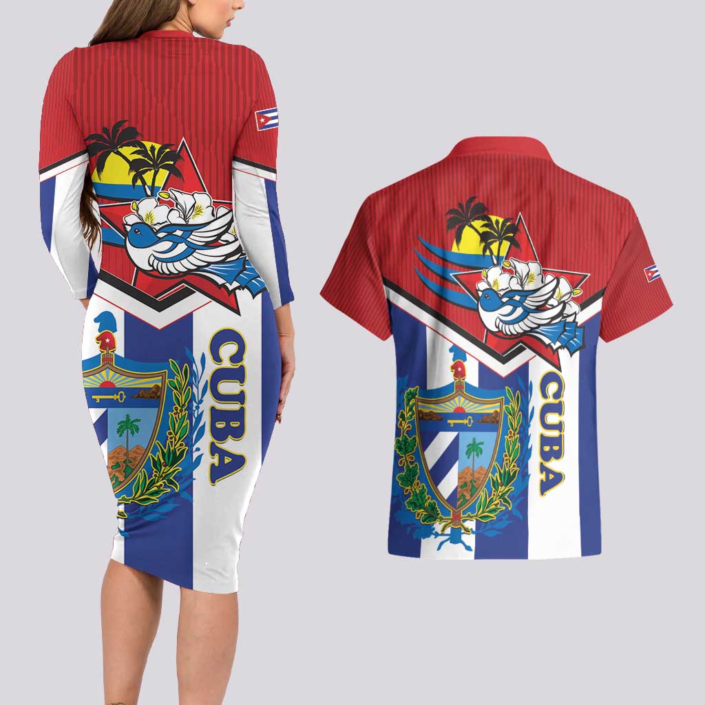 Cuba Independence Day Couples Matching Long Sleeve Bodycon Dress and Hawaiian Shirt Cuban Trogon Mix Hedychium Coronarium - Wonder Print Shop