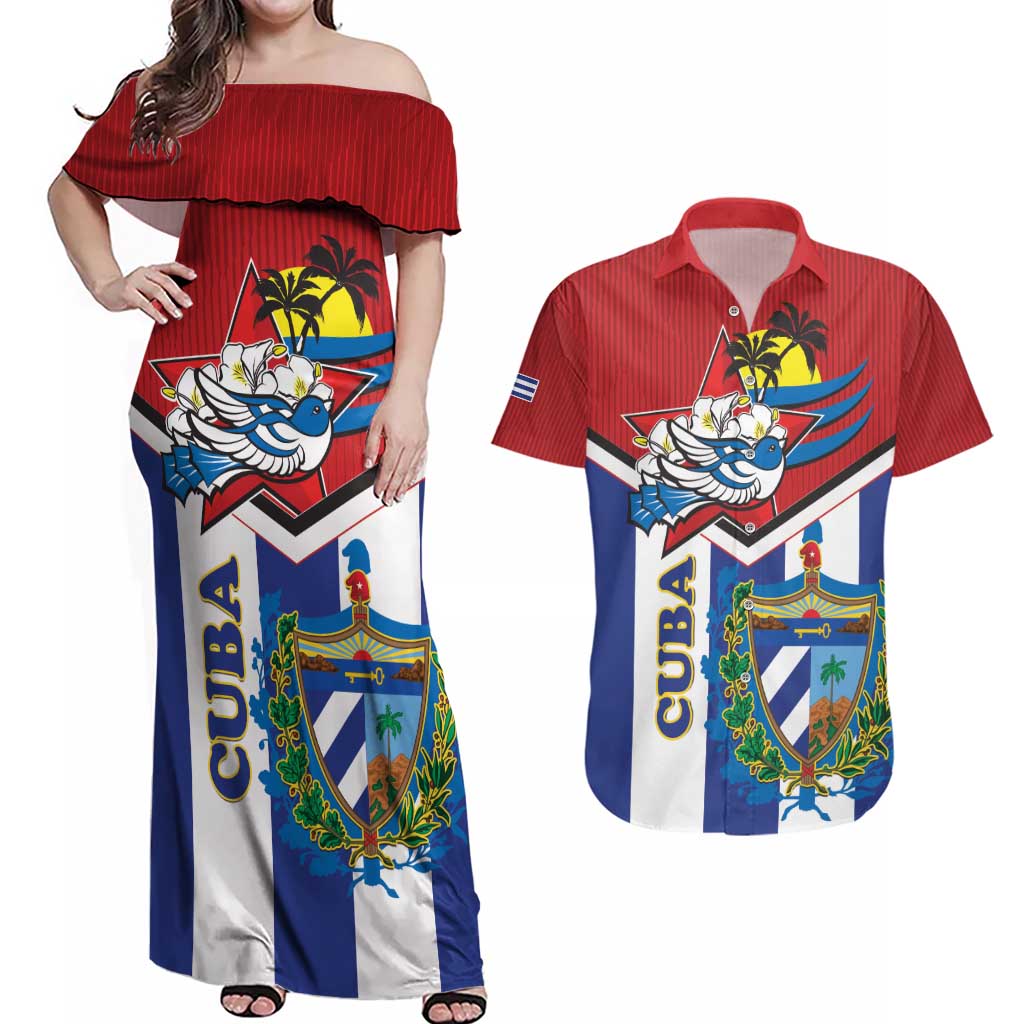 Cuba Independence Day Couples Matching Off Shoulder Maxi Dress and Hawaiian Shirt Cuban Trogon Mix Hedychium Coronarium - Wonder Print Shop
