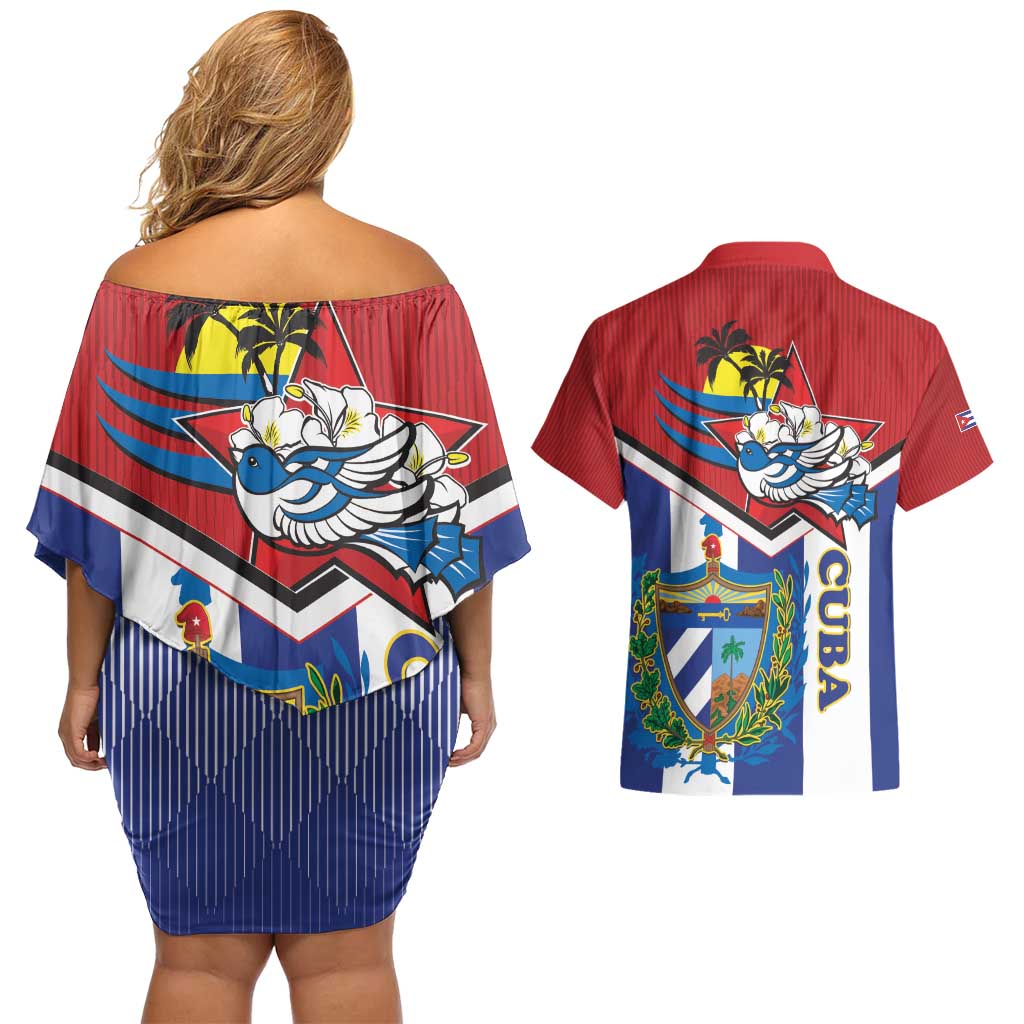 Cuba Independence Day Couples Matching Off Shoulder Short Dress and Hawaiian Shirt Cuban Trogon Mix Hedychium Coronarium - Wonder Print Shop