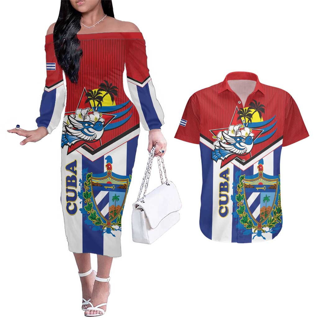 Cuba Independence Day Couples Matching Off The Shoulder Long Sleeve Dress and Hawaiian Shirt Cuban Trogon Mix Hedychium Coronarium - Wonder Print Shop