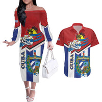 Cuba Independence Day Couples Matching Off The Shoulder Long Sleeve Dress and Hawaiian Shirt Cuban Trogon Mix Hedychium Coronarium - Wonder Print Shop