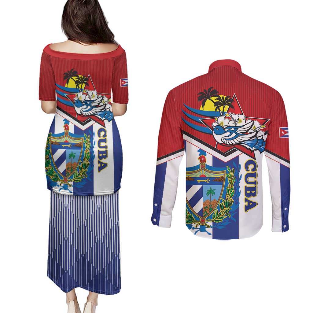 Cuba Independence Day Couples Matching Puletasi and Long Sleeve Button Shirt Cuban Trogon Mix Hedychium Coronarium - Wonder Print Shop