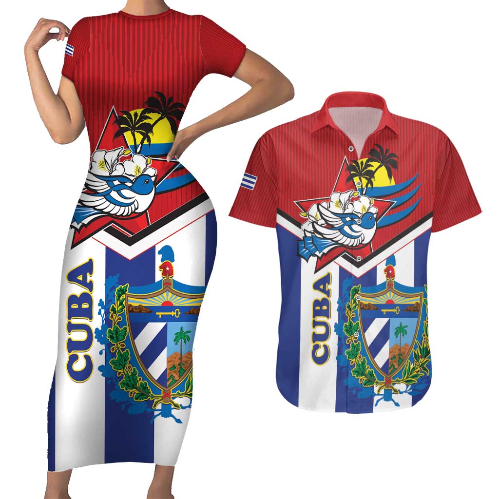 Cuba Independence Day Couples Matching Short Sleeve Bodycon Dress and Hawaiian Shirt Cuban Trogon Mix Hedychium Coronarium - Wonder Print Shop