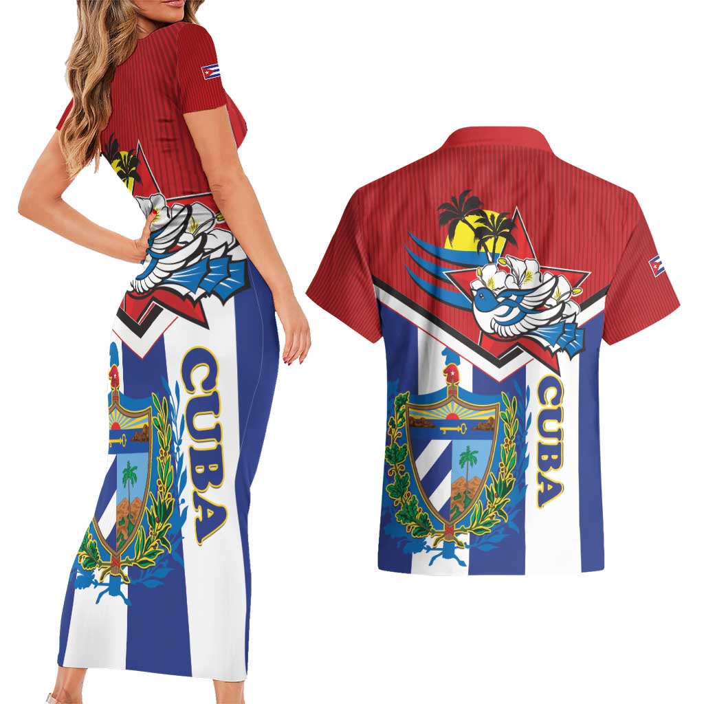 Cuba Independence Day Couples Matching Short Sleeve Bodycon Dress and Hawaiian Shirt Cuban Trogon Mix Hedychium Coronarium - Wonder Print Shop