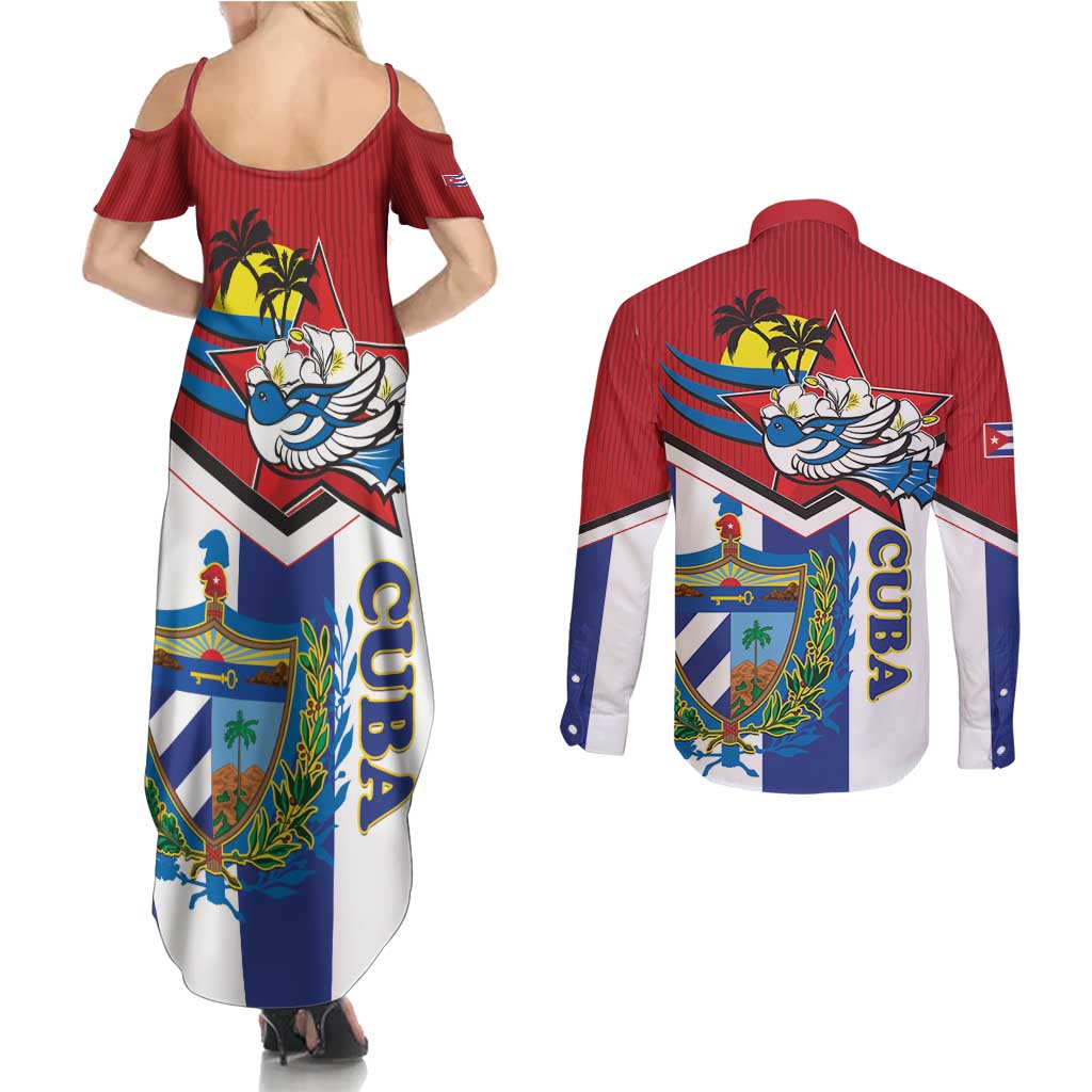 Cuba Independence Day Couples Matching Summer Maxi Dress and Long Sleeve Button Shirt Cuban Trogon Mix Hedychium Coronarium - Wonder Print Shop