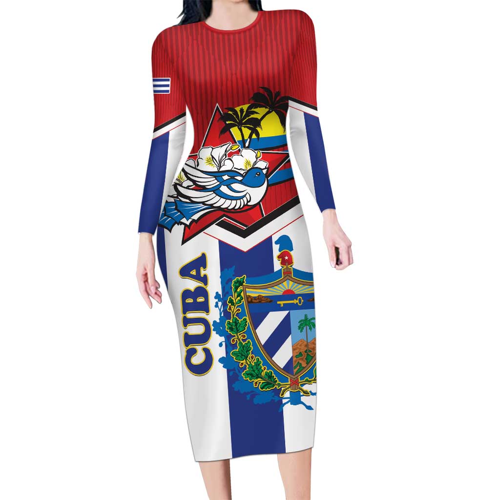 Cuba Independence Day Long Sleeve Bodycon Dress Cuban Trogon Mix Hedychium Coronarium - Wonder Print Shop