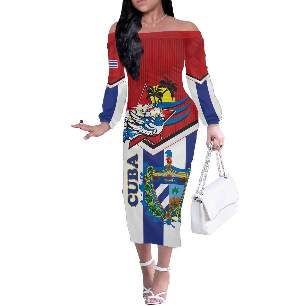 Cuba Independence Day Off The Shoulder Long Sleeve Dress Cuban Trogon Mix Hedychium Coronarium - Wonder Print Shop