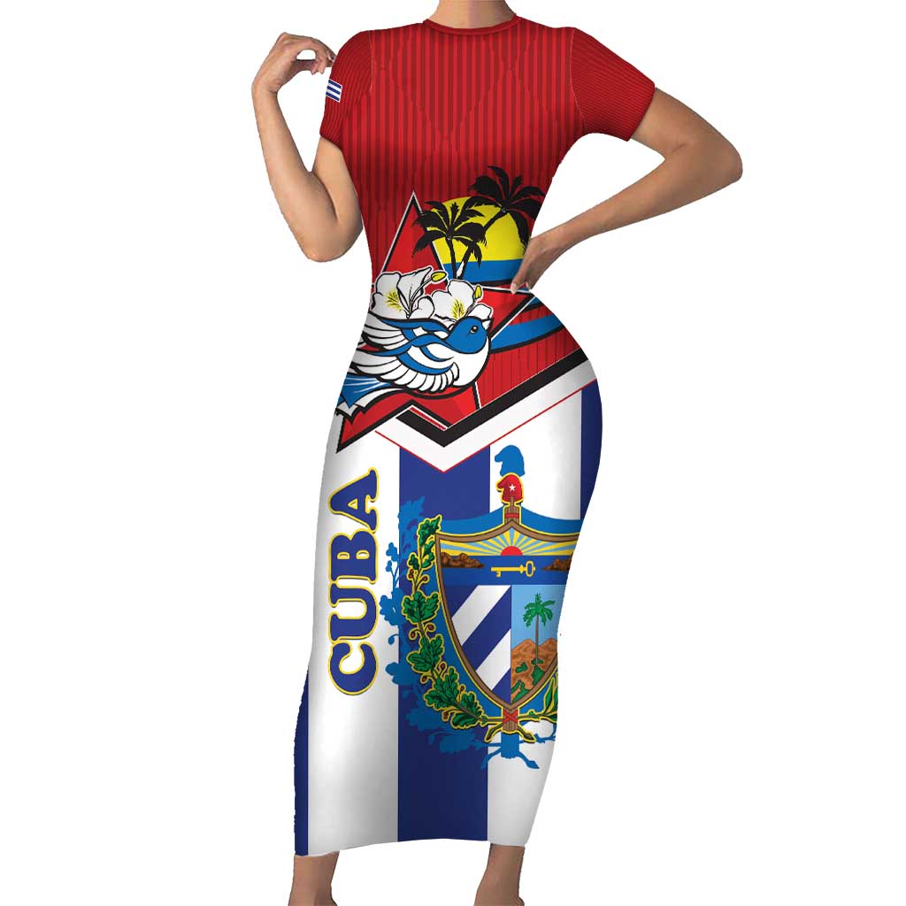 Cuba Independence Day Short Sleeve Bodycon Dress Cuban Trogon Mix Hedychium Coronarium - Wonder Print Shop