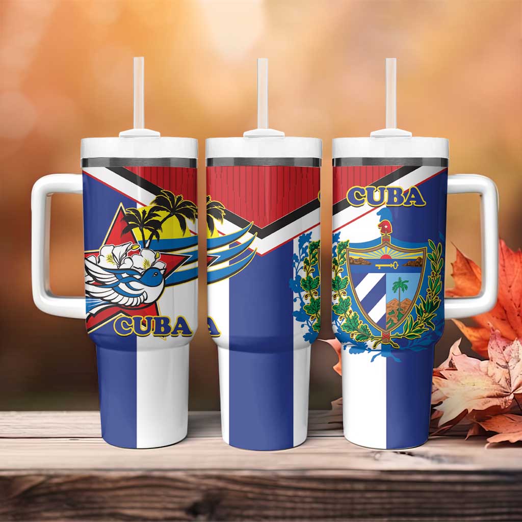 Cuba Independence Day Tumbler With Handle Cuban Trogon Mix Hedychium Coronarium - Coat Of Arms Style - Wonder Print Shop