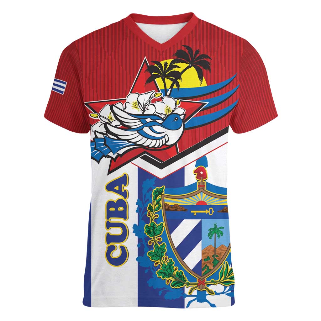 Cuba Independence Day Women V-Neck T-Shirt Cuban Trogon Mix Hedychium Coronarium - Wonder Print Shop