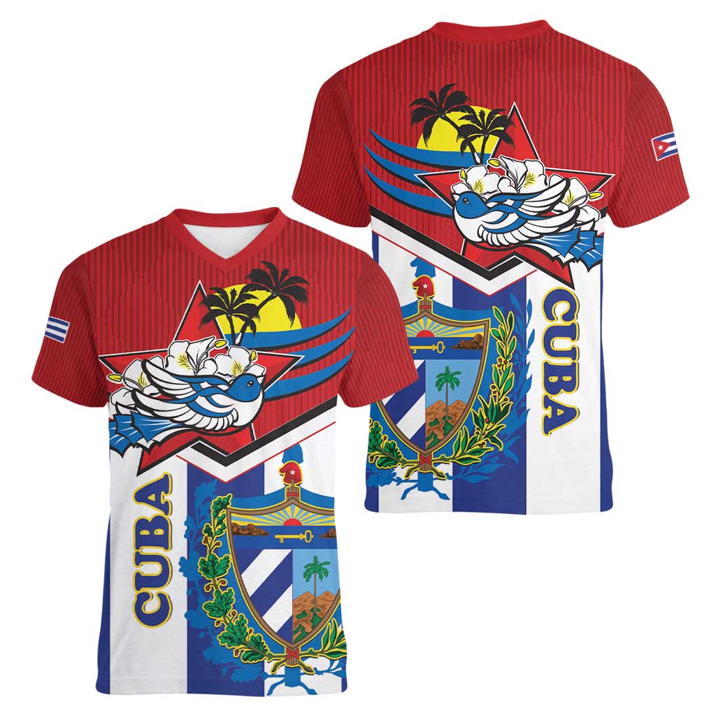 Cuba Independence Day Women V-Neck T-Shirt Cuban Trogon Mix Hedychium Coronarium - Wonder Print Shop